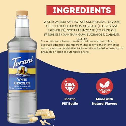 Image of Torani Sugar Free White Chocolate Syrup 1L with Pump - Keto, Zero Calorie