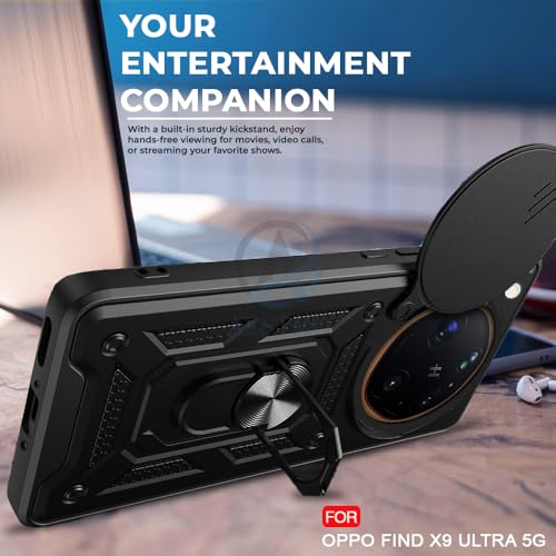 Image of AESTMO Tough Armor Oppo Find X9 Ultra 5G Bumper Back Case Cover | Ring Holder & Sliding Camera Shield Cover | 360 Degree Protection Back Case Cover for Oppo Find X9 Ultra 5G (Black)
