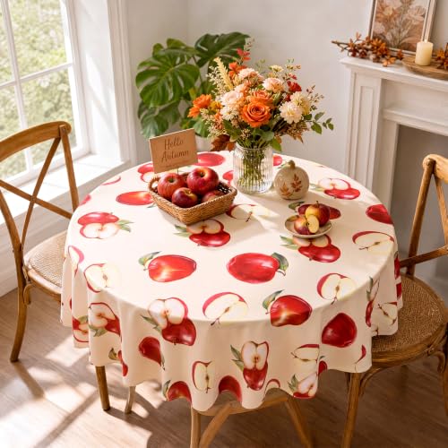 Image of Ganeen 6 Pcs Apple Themed Plastic Tablecloths Fruit Themed Decorations Fall Apple Disposable Table Cover 84 Inch Plastic Round Table Covers Fall Harvest Tablecloths Bulk for Baby Shower Party