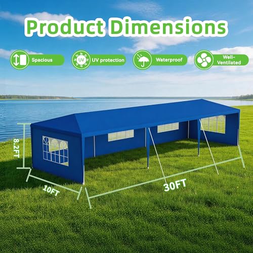 Image of 10'x 30' Outdoor Canopy Tents with 5Detachable Sidewalls, Blue Patio Gazebo Tents,Shade Shelters for Birthday, Events, Party,Wedding, Gatherings and Patio