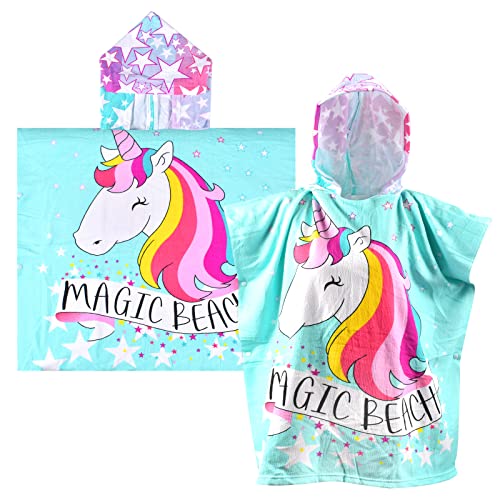 ZeYou Unicornio Toalla de Baño con Capucha,Toalla de Playa de Microfibra Poncho, Súper Absorbente Poncho Toalla Bebe Albornoz con Capucha Poncho para Niñas y Niños
