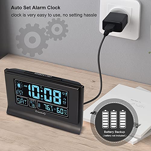 Image of DreamSky Alarm Clocks for Bedrooms with Battery Backup, Auto Set | Digital Clock with Date and Day of Week, Indoor Temperature Humidity, Moon Phase, Dimmer, Auto DST, USB Port