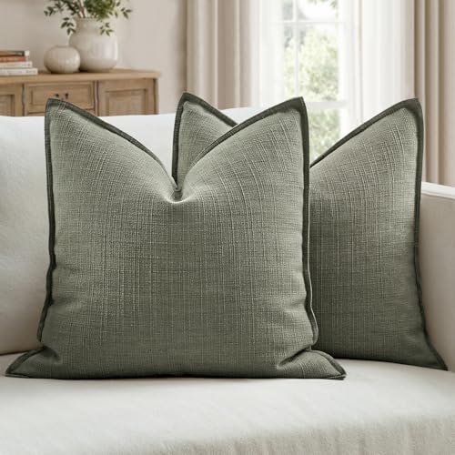 Image of MIULEE Pack of 2 Thick Textured Couch Throw Pillow Covers 20x20, Olive Green Decorative Pillow Covers, Neutral Linen Cushion Cases for Sofa Bed Living Room Modern Farmhouse Home Decor, No Filling