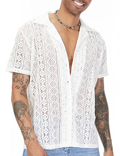 URRU Mens Floral Lace Shirt Short Sleeve Hollow Out Sheer See Through Casual Button Down Shirts
