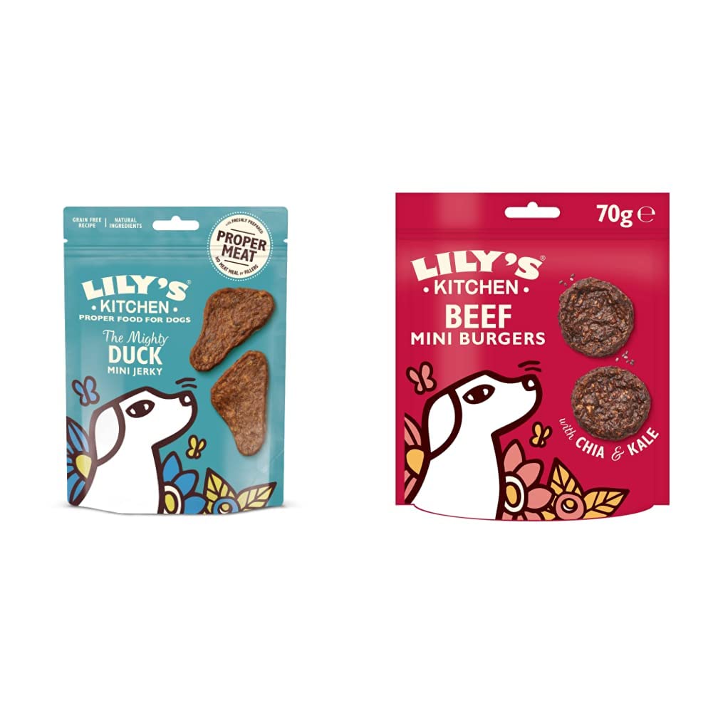 Lily's Kitchen The Mighty Duck Mini Jerky Dog Treat (8 x 70 g) & Dog Treats The Best Ever Beef Mini Burgers (8 x 70 g)