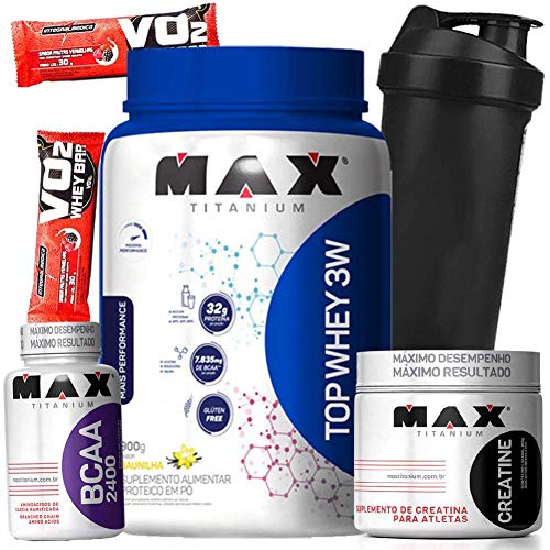 Whey Protein Top 3W 900g SEM AÇUCAR Creatina 100g Bcaa 2400 60caps - Max Titanium wey wei
