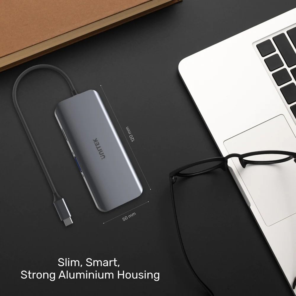 UNITEK Hub USB-C z 3 portami USB-A 3.1, 4K HDMI, FullHD VGA, Gigabit Ethernet RJ45 i czytnikiem kart SD i microSD, Power Delivery 100 W, Plug & Play/aluminium