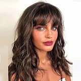 HAIRCUBE Short Brown Wavy Bob Wig With Bangs,Shoulder Length Wigs for Women Short Curly Women's Wigs