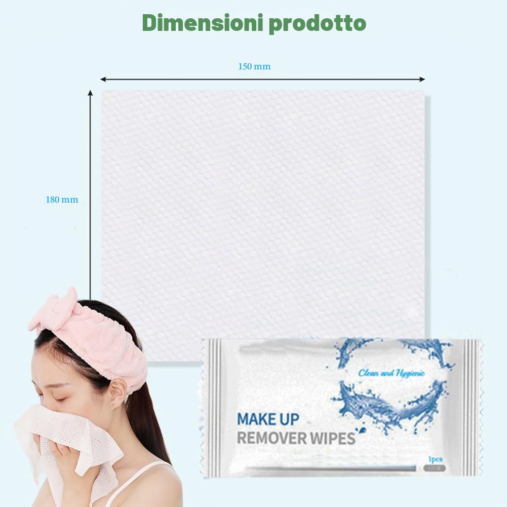 Confezione da 50 salviette struccanti usa e getta confezionate singolarmente, da viaggio, delicate sulla pelle; salviette igieniche delicate per il viso, salviette detergenti con acqua pura per viaggi