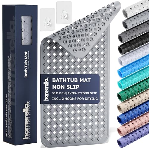 homerella® Bath Mat for Tub Non Slip Mold Resistant 35x16 - Shower Mat Non Slip Anti Mold - Bath Tub Mat Suction Cups incl. Hooks for Drying - Bathtub Mat Non Slip - ANI Slip Shower Mat Inside Tub