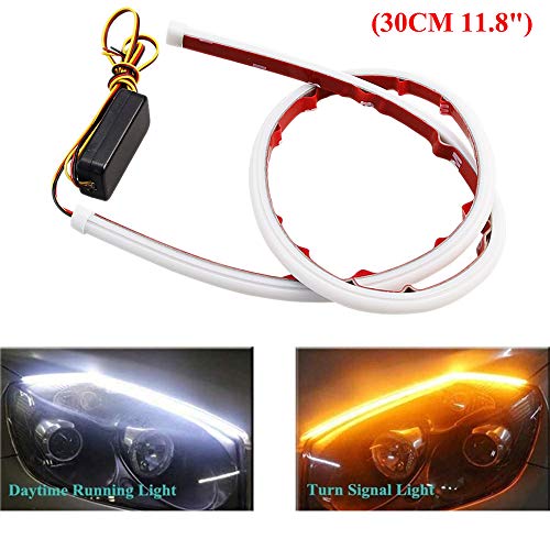 AMAZENAR Paquet de 2 Ultra-Lumineux 30CM 11.8"Blanc/Ambre Flexible LED Tube Bande Style Barre de Silicone DRL Feux de Jour Feu Diurne Bande de Phare Voiture Phare Clignotant Feu de Stationnement