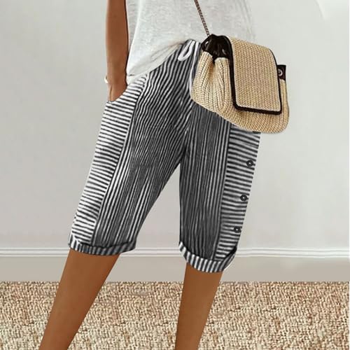 Capris for Women Striped Color Block Trendy Summer Pants Button Trim Elastic Waist Cropped Trousers with Pockets2