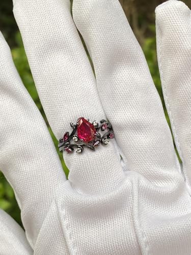 Pear/Kite/Hexagon Ruby Rings Set for Women 10K 14K 18K Gold Created Ruby Gemstone Inspired Anniversary Wedding Band Available in Rose/Yellow/White/Black Color Size 4-124