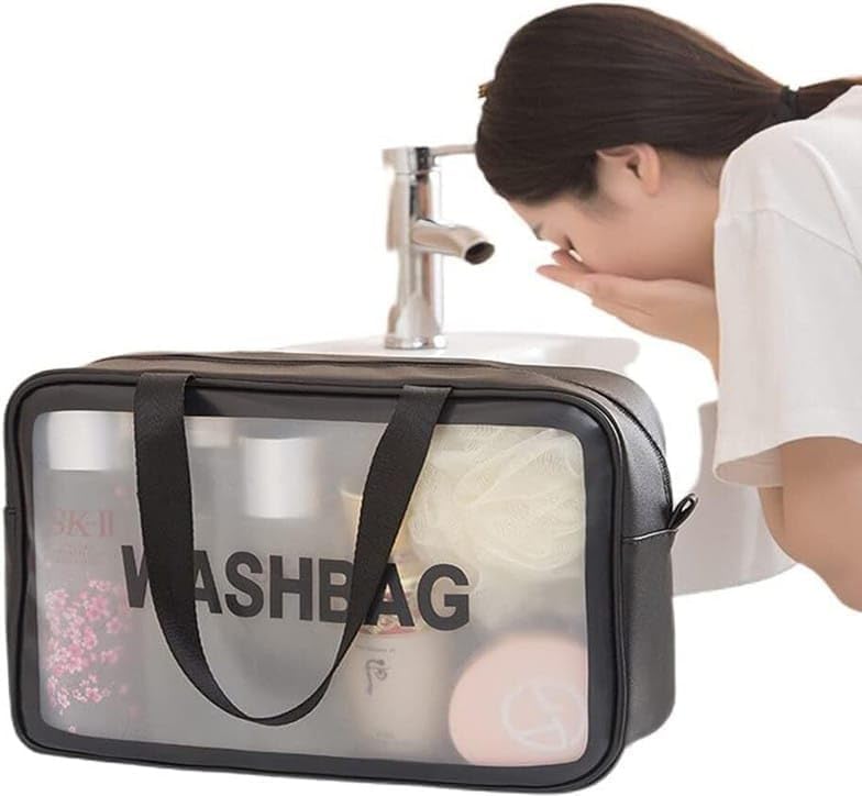 Image of Cosmetic Pouch, Make up Bag for Home & Travel, Toiletry Bag for Cosmetics, Brushes, Accessories Set of 3 - Wash Bag - Light Pink and Black (Blue) (Black-H)