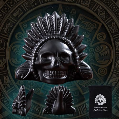 Authentic Aztec Death Whistle, Up to 125+ Decibels Screams Creepy Human Sounding Whistle for Halloween, Unique Skull Design (Black)