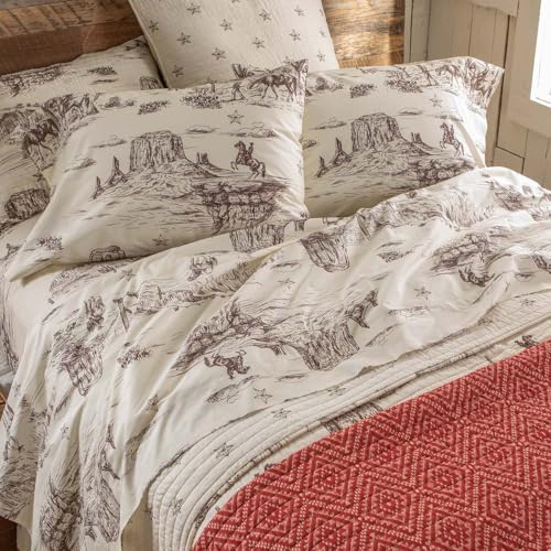Rod's Tumbleweed Trail (Sheet Set) - Vintage Western Cowboy Toile- Brown Cream - 3 Piece Twin Sheet Set - Top Sheet (66x96in) - Fitted Sheet (39x75x15in) - One Pillow Case (20x30in) - Cotton