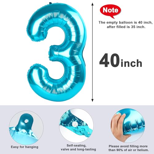 Image of 3 Balloon Numbers Birthday Decorations, 40In Light Blue Balloons for Party | Eye-catching Appearance, Perfect Decorative Centerpieces, Convenient Self-sealing Structure, Widely for Various Occasions