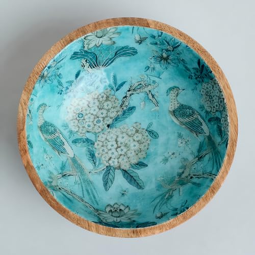 Image of SAAGA Large Mango Wood Mixing Bowl | 8 x 2.5 Inch Printed Wooden Serving Bowl for Salads, Fruits, Snacks & Curries | Handcrafted Kitchen & Dining Bowl | Marine Blue