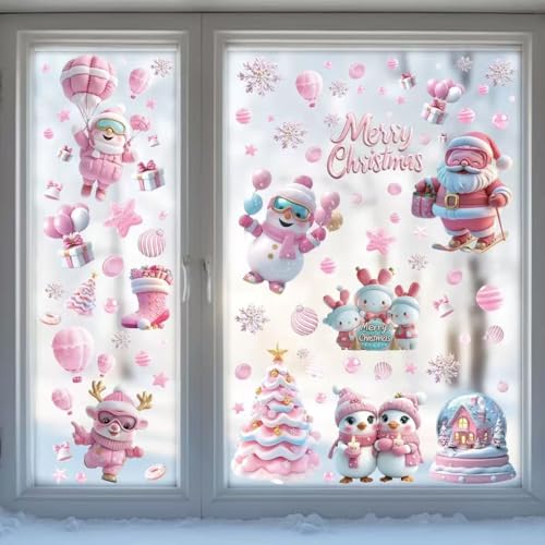 9 Blätte Fensterbilder Weihnachten Selbstklebend, Wiederverwendbar Fenstersticker Winter, PVC Fensteraufkleber Groß Weihnachtendeko Fenster Kinder Weihnachts Fensterdeko für Weihnachtsdeko (Rosa)
