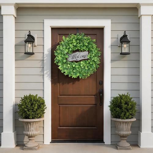 Image of 26 inch Artificial Eucalyptus Wreath with Welcome Sign for Front Door(Green) | Faux Large Greenery, UV-resistant, for Porch /Window /Wall /Farmhouse /Home /Outdoor /Spring /Summer /All Seasons Decor