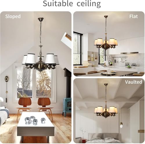 Image of Devansh 05 Lights White & Black conical Cotton Shade with Antique Golden Chandelier