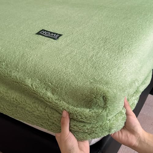 LLIDDAMES Sábana Bajera Ajustable de Forro Polar Suave y Cálida Sabanas Bajeras Invierno de Felpa Color Liso Elástica Protector de Colchón Adecuada para Colchón de 5-28 cm (Green,90x200cm)