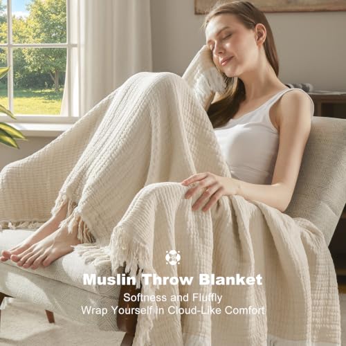 Image of EMME Muslin Throw Blanket with Tassels, 100% Cotton Gauze, Khaki, 50 inchx60 inch | Soft Breathable Gauze Throw, Lightweight, Cozy for Adults Couch Sofa Bed, Gifts for Women Mom, Boho Home Decor, All Season
