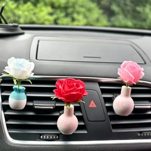 Image of Set of 4 Cute Flower Bouquet Car Air Freshener Vent Clips, Mini Artificial Flowers for Car Air Vent Decoration, Auto Interior Dashboard Ornament Accessories (Rose)