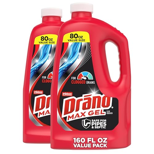 Drano Max Gel Drain Clog Remover & Cleaner, Fast-Acting to Unclog Standing Water & Remove Hair, Grease & Food Blockages, Safe for all Pipes & Septic, Kitchen Sinks, Bathroom Showers, 80 Oz, 2 Pack