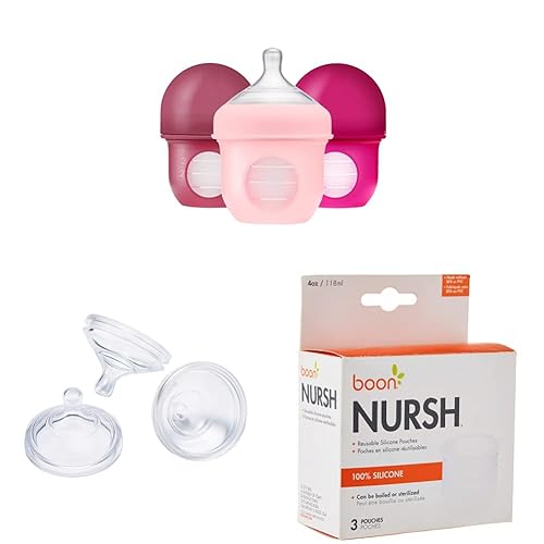 Boon NURSH - Biberones de silicona reutilizables y pezón de repuesto de silicona NURSH (paquete de 3) y bolsa de repuesto de silicona reutilizable