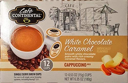 Cafe Continental WHITE CHOCOLATE CARAMEL Cappuccino 12 Cups. Single Serve Brew Cups, Keuring 2.0. (White Chocolate Caramel)