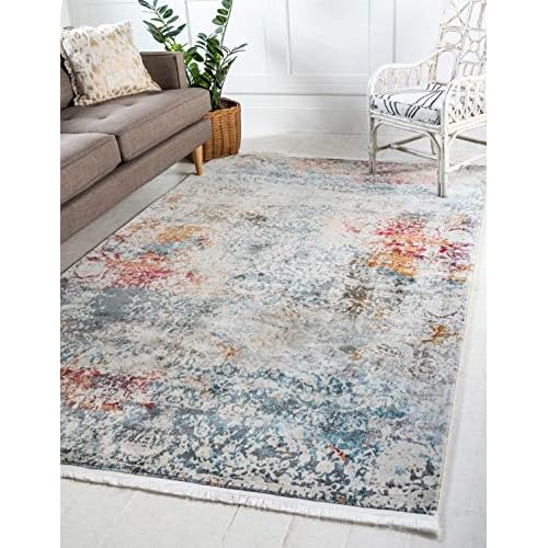 Unique Loom Baracoa Collection Area Rug – Panamericana (5′ 5″ x 8′ Rectangle, Cream/ Blue)