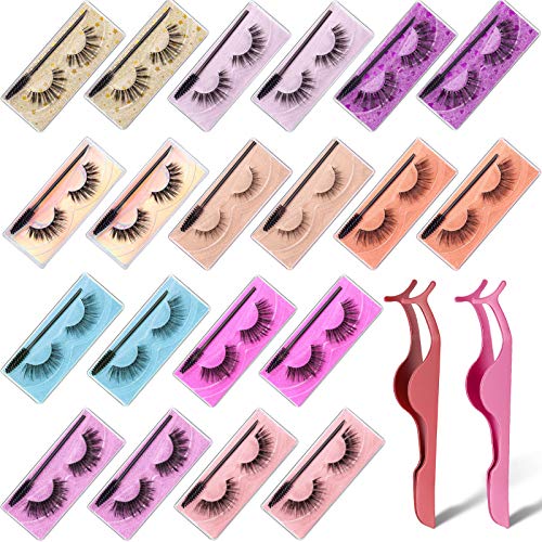 20 Pairs 10 Styles False Eyelashes with Brush, Artificial Fiber 3D False Eyelashes with Independent Eyelash Brush, 2 Pieces of Tweezers, 20 Pieces of Portable Boxes