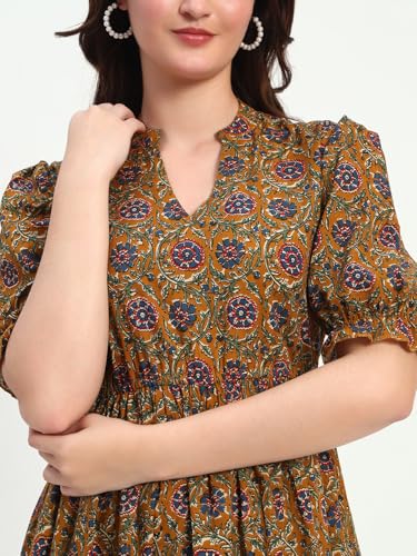 Image of Women's Fit and Flare Dress I Pure Cotton Long Summer Maxi Dress I V-Neck I Casual Wear I Printed Kalamkari Floral Middi
