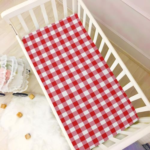 Image of Red White Gingham Plaid Crib Sheets Soft Breathable Fitted Baby Crib Sheets Mattress Cover for Girls Boys, 52 inch x 28 inch x 9 inch