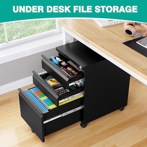 Image of 3 Drawer File Cabinet with Lock,Under Desk File Cabinet with Wheels,Black Rolling Filing Cabinets,Three Drawer Metal Filing Cabinet for Home Office,Fit A4 /Letter /Legal File,- Assembly Required