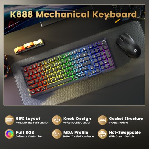 Image of Redragon K688PRO Wireless Tri Mode Gasket Mechanical Gaming Keyboard | Hot Swappable 8000mAH Gaming Keyboard with Five-Layer Padding & Knob, BT /2.4GHz /USB-C, RGB Backlit, 98 Keys Creamy Keyboard
