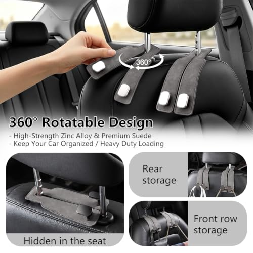 Image of Car Seat Back Organizer, Twinhook Leather Car Headrest Organizer (4, Grey) | Heavy Duty Car Seat Holder for Purses and Bags, Car Purse Hanger with Dual Hooks for Travel