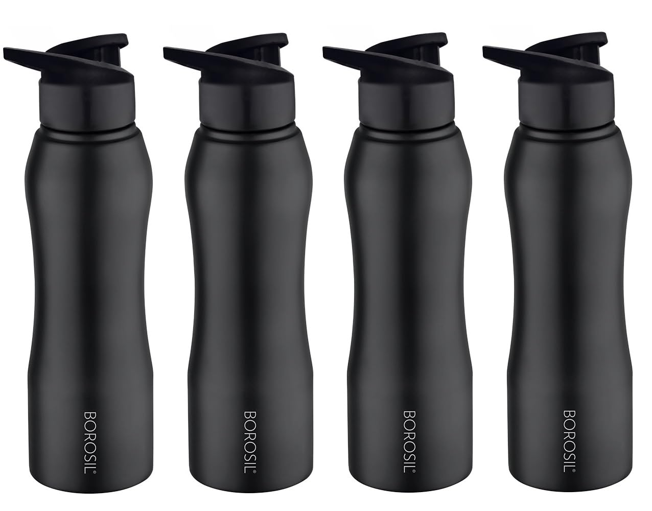 Borosil 750 ml Hydra 4pc Set of Grip n Sip Stainless Steel Water Bottle | ISI Certified, Made in India | Single Wall, Leakproof| Bottle for Office, School, College & Gym | 1 Year Warranty | Black