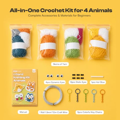 Image of 4 Pcs iCord Animals Knitting Kit, Complete Yarn & Aluminum Craft Wire Set | with Colorful Keychains, Static & Dynamic Eyes, Hot Glue, Beginner Friendly Handmade Ornament Craft Kit for Ideal DIY Gift