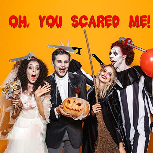6PCS Halloween Costume Scary Weapon Headbands, Horror Photo Props Rubber Plastic Knife Axe Cleaver Scissor Headbands Through Head Zombie Accessories Makeup