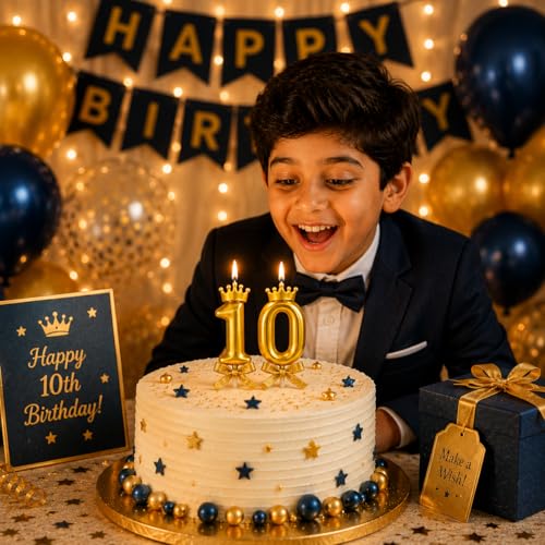 Image of Number Candles with Crown 3 inch for Birthday Parties, Wedding, Engagement, Celebrations, Theme Party, Bridal Shower, Bachelorette, Bachelors Decoration Gold (Numerical No 10)