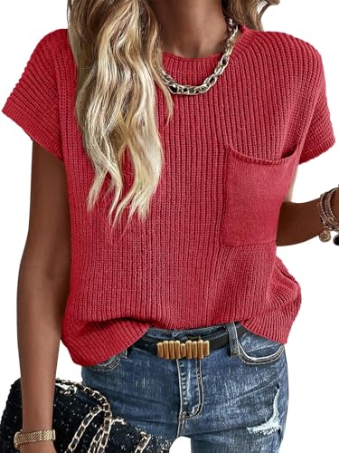 Image of Imily Bela Summer Fall Short Sleeve Sweater for Women | 2026 Crew Neck Ribbed Knit Vests Trendy Pullover Tops,Sweater Tank Tops,Sweater Vest