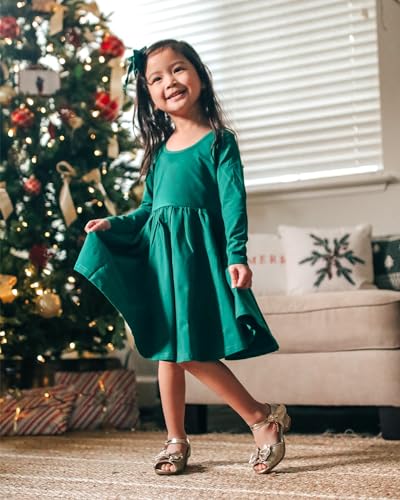 Image of Stelle Long Sleeve Girls Dress Toddler Dresses Skater Twirl Cotton A-Line Dress for School Casual | Criss Cross Back,Crew Neck,High Waist,Spinny Swing,Stretchable,Spring Fall Winter,Casual School Birthday Dance