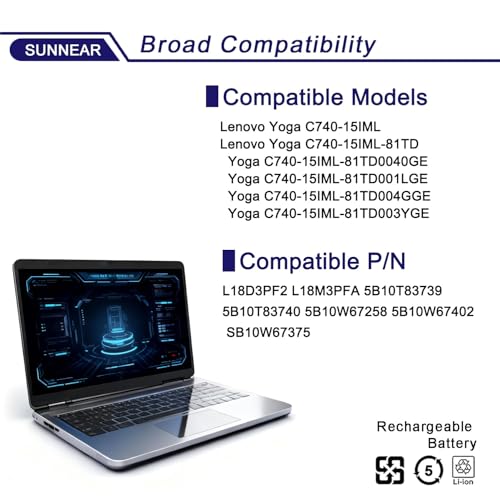 Image of L18D3PF2 L18M3PFA Laptop Battery Replacement for Lenovo Yoga C740-15IML C740-15 81TD Series Notebook 5B10T83740 5B10W67402 5B10T83739 5B10W67258 3-Cell 11.52V 60.3Wh 5235mAh