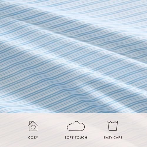 Image of Laura Ashley - Full Size Sheet Set, Crisp & Lightweight Cotton Percale Bedding with Fitted Sheet and Pillowcases, Striped Room Decor, Deep Pocket, College Dorm Room Essentials (Bedford Skinny Blue)