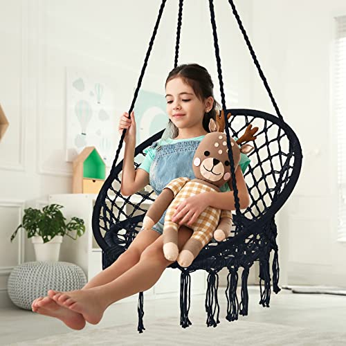 Image of Garpans Hanging Swing Chair Bohemian Style Macrame Swing Chair with Tassels, Hammock Swing Chair Handmade Knitted Cotton Rope for Indoor Outdoor Bedroom Patio Max 330 Lbs,Black