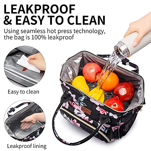 Image of MCBD Women's Lunch Tote, 3 Carrying Way Insulated Lunch Box, Leakproof Reusable Cooler Backpack with Adjustable Shoulder Strap, Black Flower