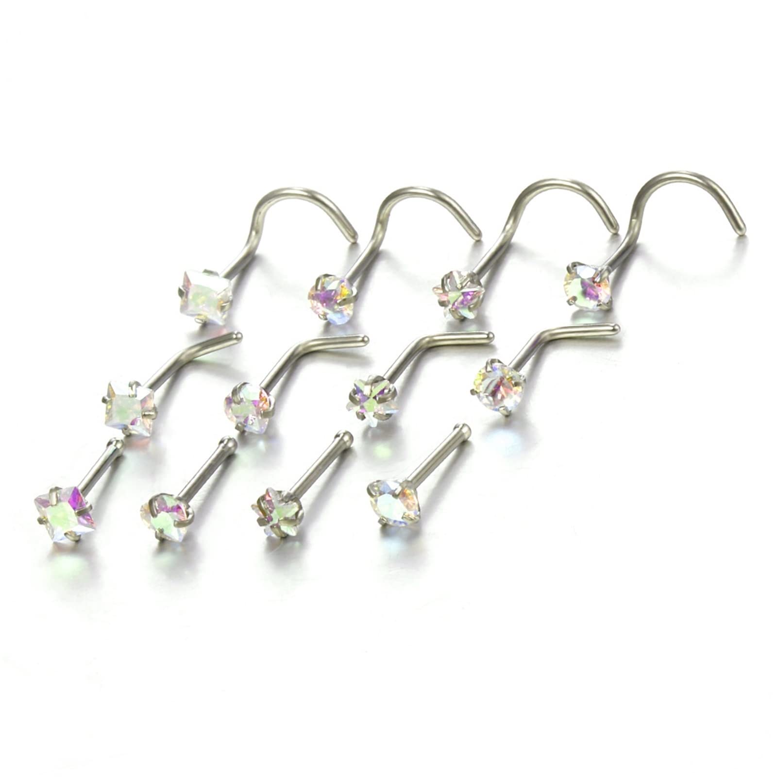 WZGWDC Nasenring-Ohrstecker 20 Gauge, Nasenring-Sortimentspackung aus Chirurgenstahl, 12 Helix-Ohrringe in L- und J-Hakenform mit kubischem Zirkon