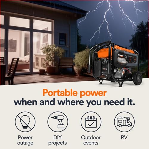 Image of Generac 8,125 Starting Watt Portable Gas Generator, Electric Start, COsense Carbon Monoxide Detection, PowerRush Technology, 10.5 Hour Runtime, Home Backup Emergency Power, 49-State Compliant